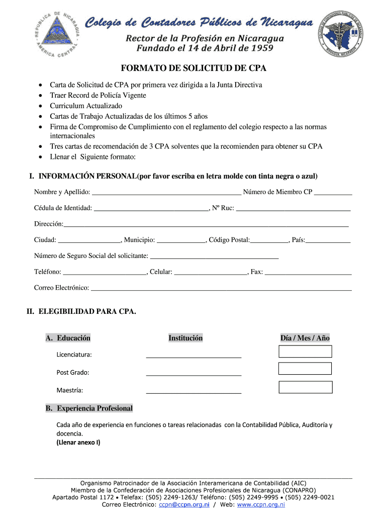 Formato de solicitud de cpa - Colegio de Contadores P blicos de Vista previa en la página 1