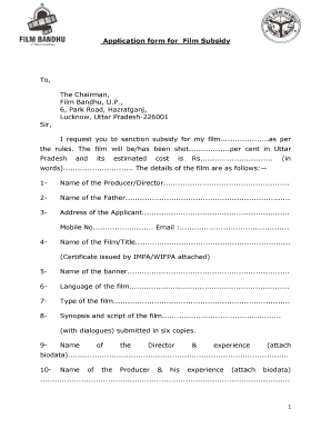 Application form for film subsidy