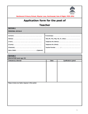 Job Application Form - Teacher - Northwood Pri - northwoodpri co