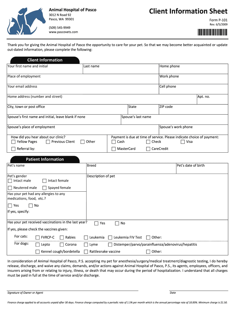 Animal Hospital of Pasco Client Information Sheet Preview on Page 1