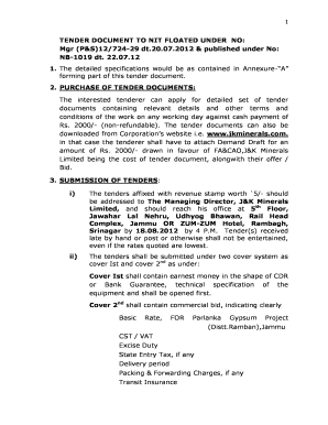 TENDER DOCUMENT TO NIT FLOATED UNDER NO Mgr PampS12724