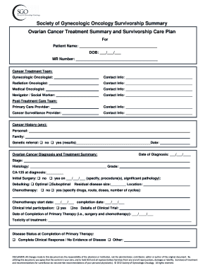Ovarian Cancer Treatment Summary and Survivorship Care Plan