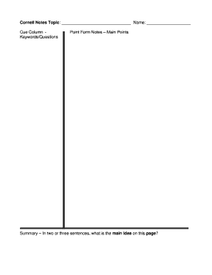 Cornell note taking example - Cornell Notes Topic Name Cue Column - Point Form Notes - lexiconic