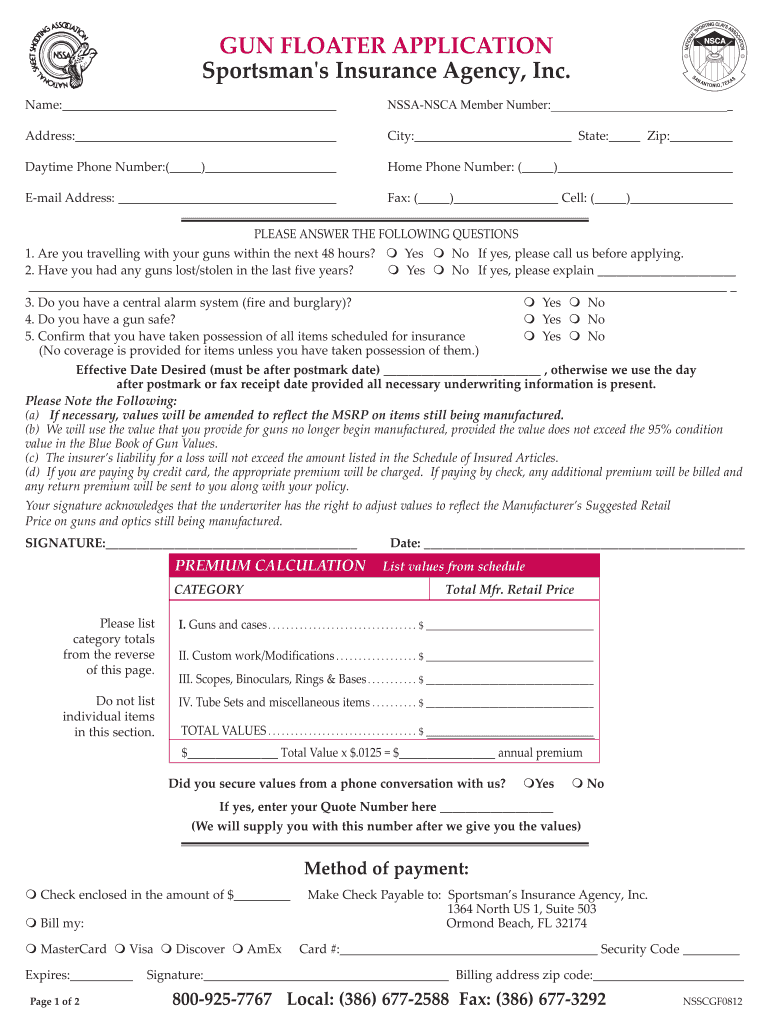 GUN FLOATER APPLICATION Sportsman039s Insurance Agency Inc Preview on Page 1