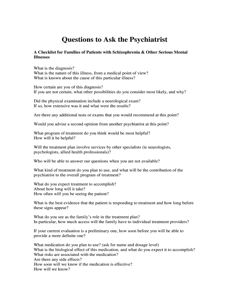 Fillable Online Questions to Ask the Psychiatrist Fax Email Print