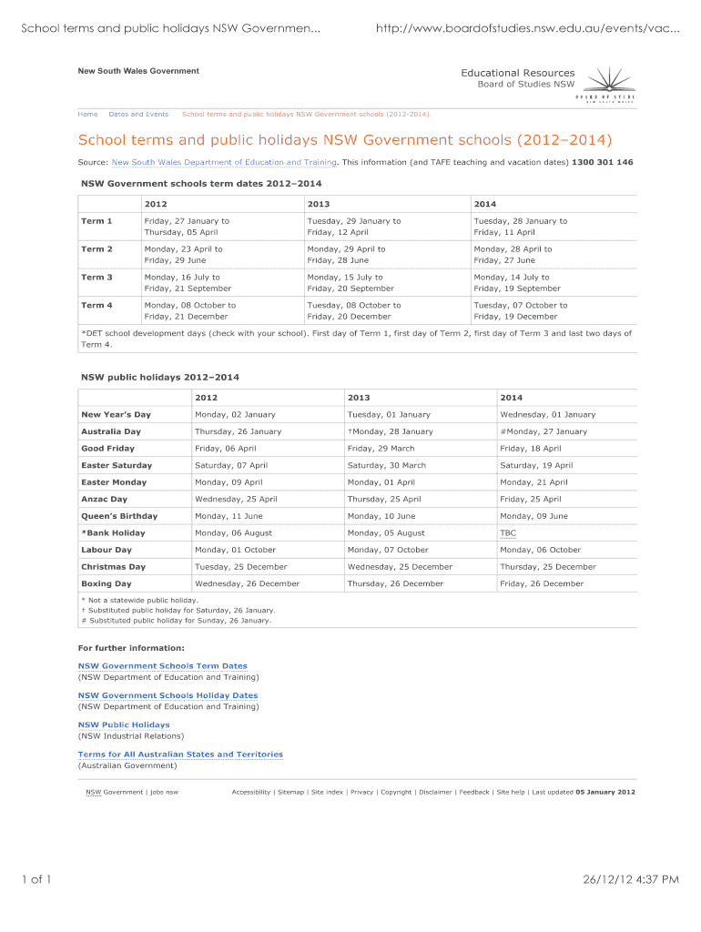 Fillable Online School Terms And Public Holidays NSW Governmen Fax