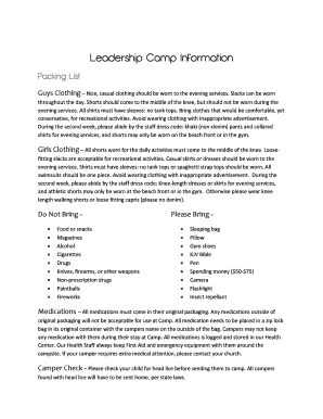 Packing list model - Leadership Camp Information - cobeac