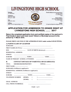 Application for admission to grade eight at livingstone high school
