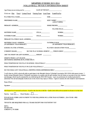 fillable online memphis juniors 20132014 volleyball tryout registration information sheet ut austin