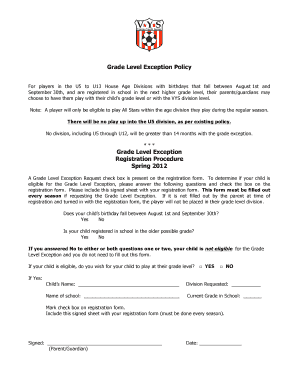 Grade Level Exception Policy - Vienna Youth Soccer Inc - vys