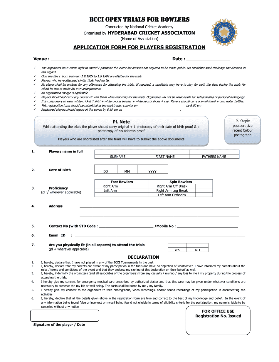 Cricket Players Registration Form