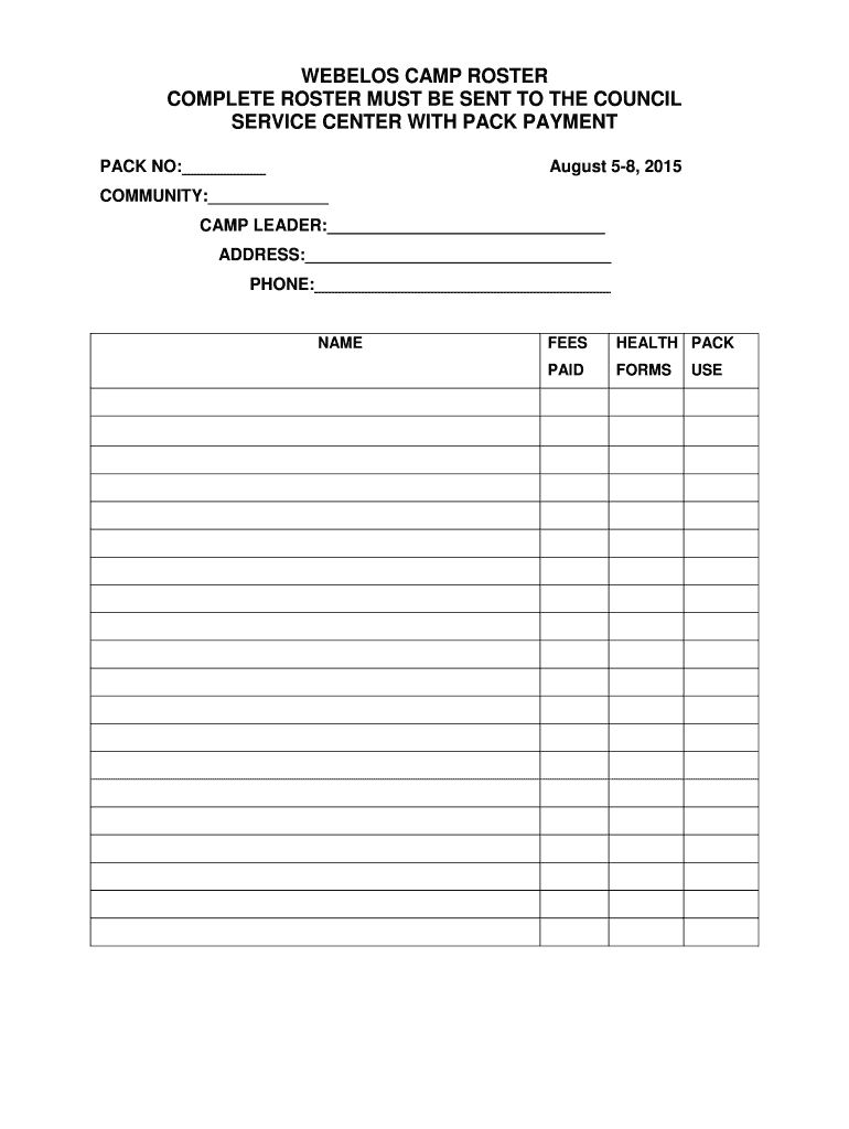 Fillable Online otschodela WEBELOS CAMP ROSTER COMPLETE ROSTER MUST BE ...