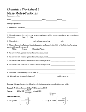 Fillable Online Chemistry Worksheet 1 Massmolesparticles Fax Email Print Pdffiller