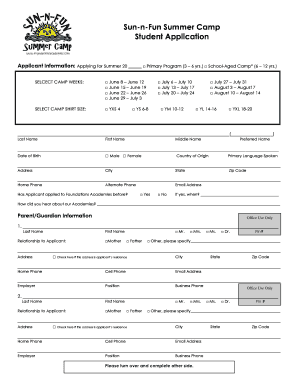 Sun-n-Fun Summer Camp Student Application