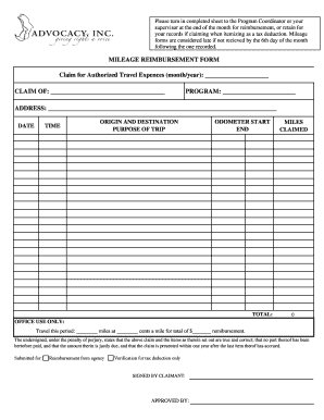 Printable mileage reimbursement form - MILEAGE REIMBURSEMENT FORM Claim for Authorized - advocacy-inc