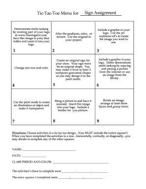 Editable tic tac toe board - Tic-Tac-Toe Menu for Sign Assignment