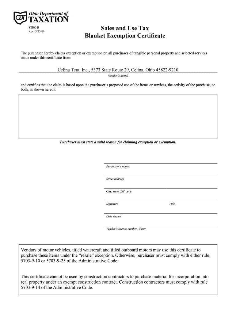 Fillable Online Sales and Use Tax Blanket Exemption Certificate Celina Tent Fax Email Print