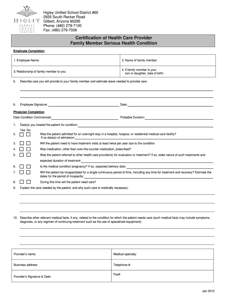 Fillable Online husd LOA - Family Serious Health Condition - Higley ...