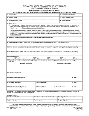 Menu Modification bMedicalb Statement bRequest Formb - Sarasota bb