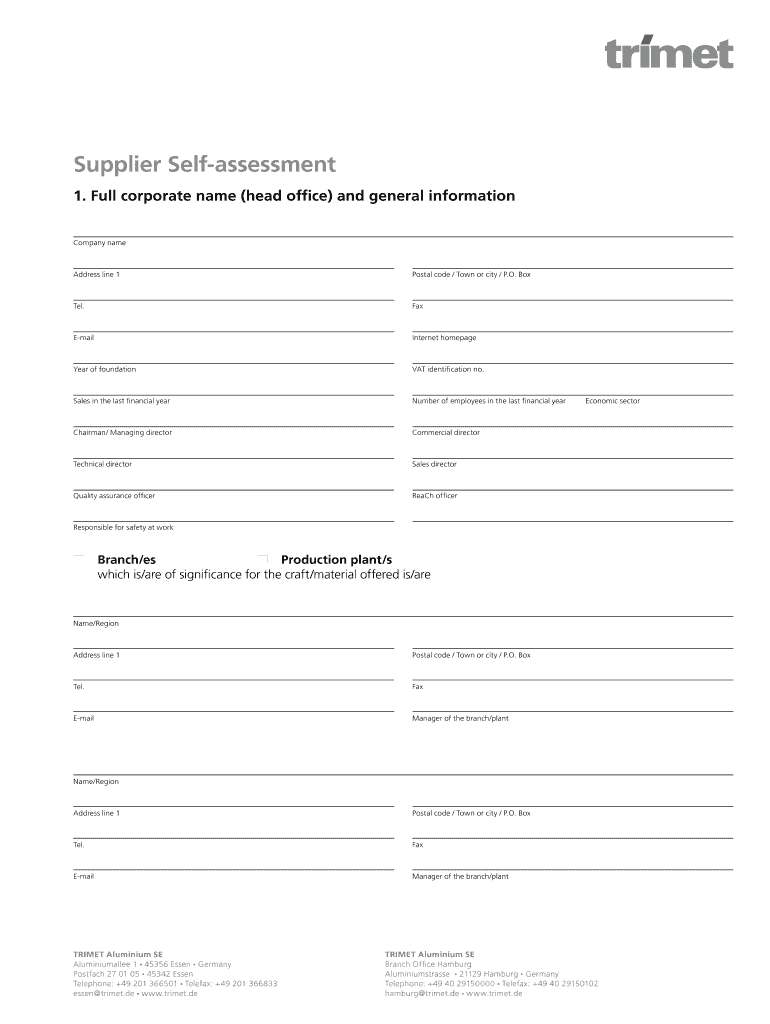 Fillable Online trimet Supplier Selfassessment bTRIMETb Aluminium SE