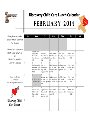 Discovery Child Care Lunch Calendar FEBRUARY 2014