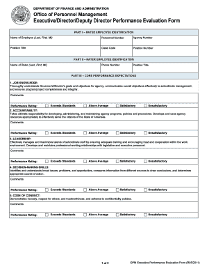 DEPARTMENT OF FINANCE AND ADMINISTRATION Office of Personnel Management Executive/Director/Deputy Director Performance Evaluation Form PART I RATED EMPLOYEE IDENTIFICATION Name of Employee (Last, First, MI) Personnel Number Agency Number Position Tit