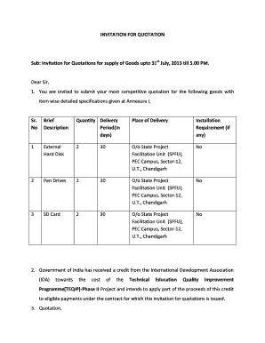 Delivery quotation form - INVITATION FOR QUOTATION Sub: Invitation for Quotations for supply of Goods upto 31st July, 2013 till 5 - chdtechnicaleducation gov