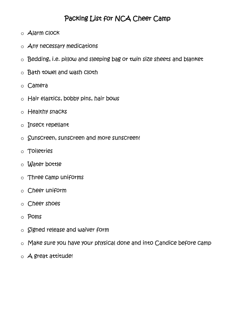 Cheer Camp Packing List Fill Online, Printable, Fillable, Blank