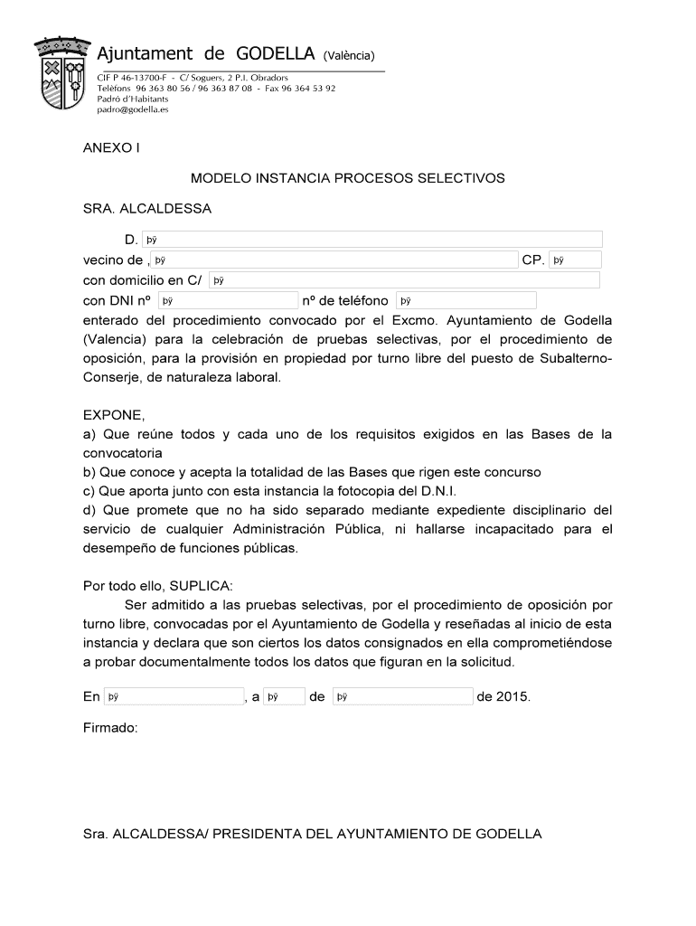 Instancia Formulario Subalterno - Ajuntament de Godella Vista previa en la página 1