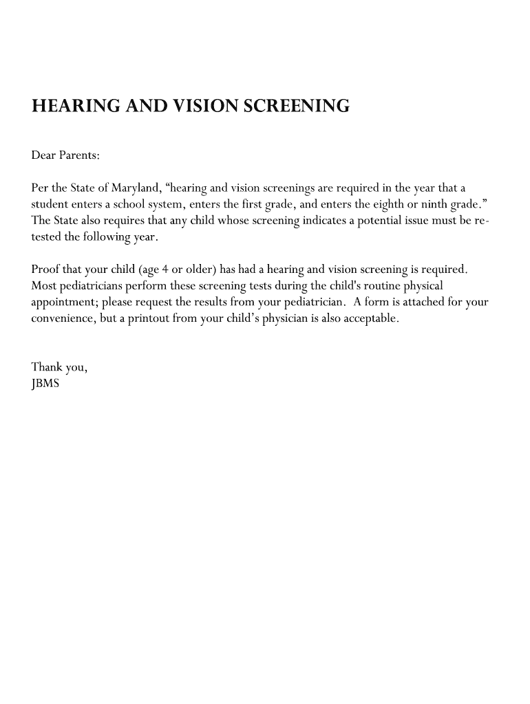 Fillable Online HEARING AND VISION SCREENING - The Julia Brown Schools Fax Email Print - pdfFiller