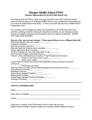 Volunteer Signup Sheet for the 20132014 School Year