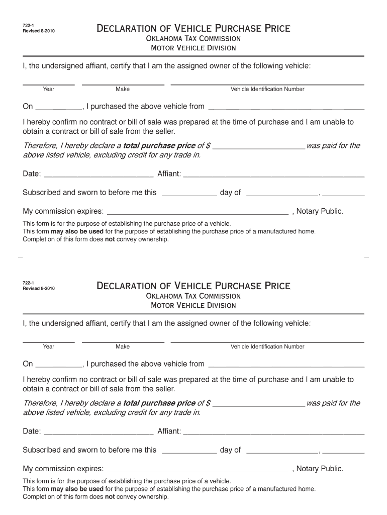 Fillable Online Declaration of Vehicle Purchase Price Declaration of