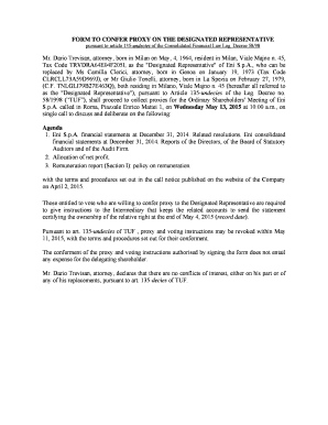 FORM TO CONFER PROXY ON THE DESIGNATED REPRESENTATIVE pursuant to article 135undecies of the Consolidated Financial Law Leg