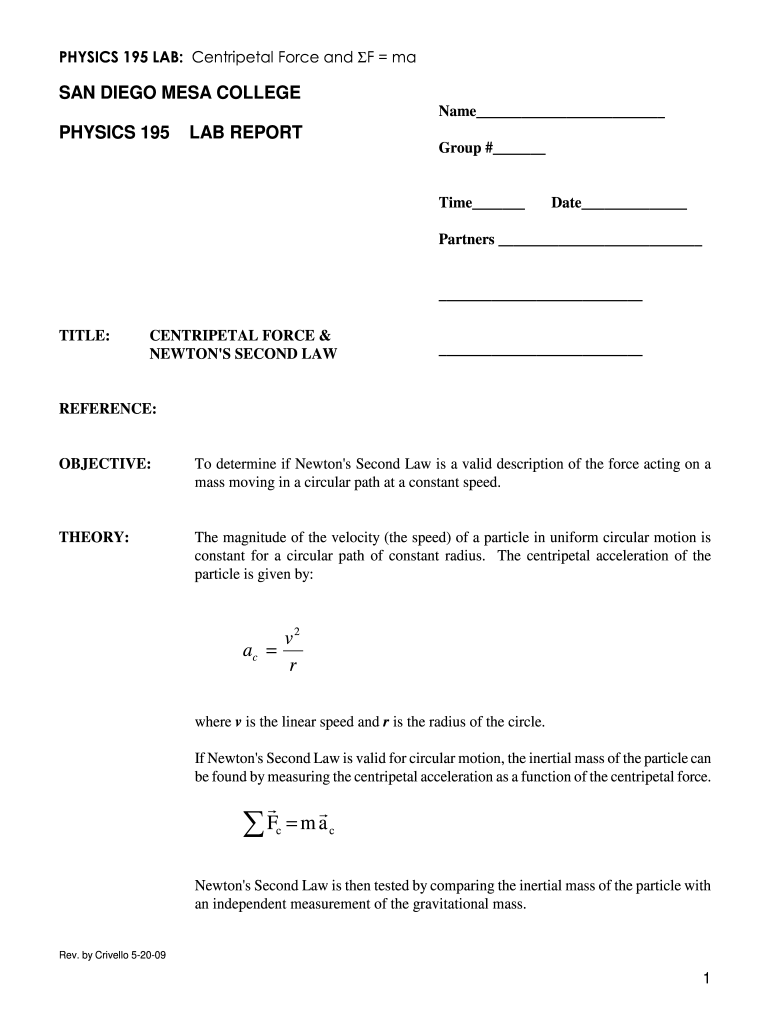 5 P195 Centripetal Force Revised by MC on May 2009 - San Diego ... - classroom sdmesa Preview on Page 1