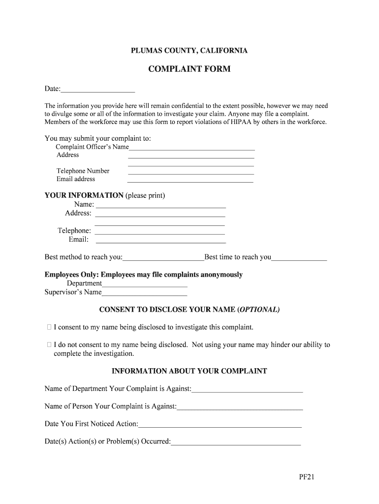 Fillable Online PLUMAS COUNTY CALIFORNIA Fax Email Print pdfFiller