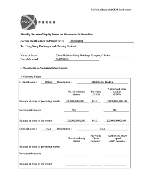 Monthly duty roster - For Main Board and GEM listed issuers Monthly Return of Equity Issuer on Movements in Securities For the month ended (dd/mm/yyyy) : 31/01/2016 To : Hong Kong Exchanges and Clearing Limited Name of Issuer Date Submitted China Huishan Dairy