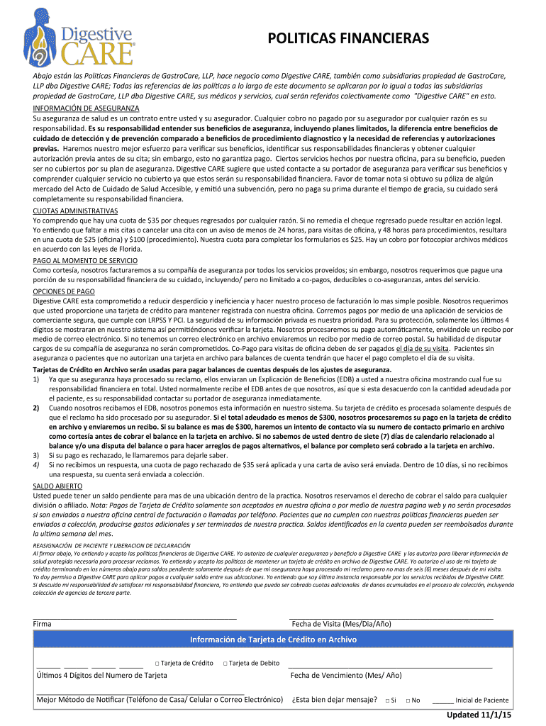 Abajo estn las Politicas Financieras de GastroCare, LLP, hace negocio como Digestive CARE, tambin co Vista previa en la página 1