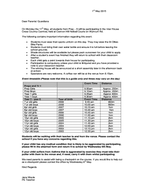 Letter for data gathering - Letter to parents re X country interhouse 2015 - St Oliver Plunkett - stoliverplunkett qld edu