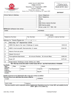 Saturday 12th September 2009 ENTRY FORM Entries Open