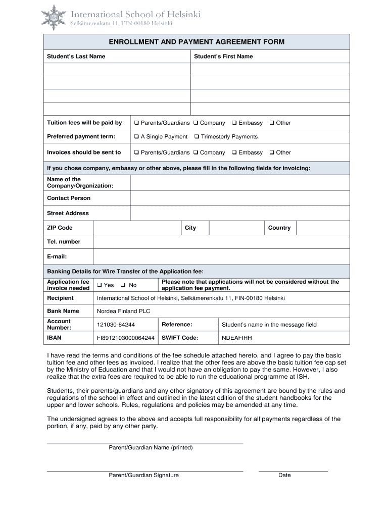 Fillable Online ish edu hel ENROLLMENT AND PAYMENT AGREEMENT FORM Fax ...