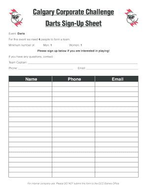 Calgary Corporate Challenge Darts Sign-Up Sheet