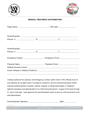 MEDICAL TREATMENT AUTHORIZATION - AYSO Region 1447 - ayso1447