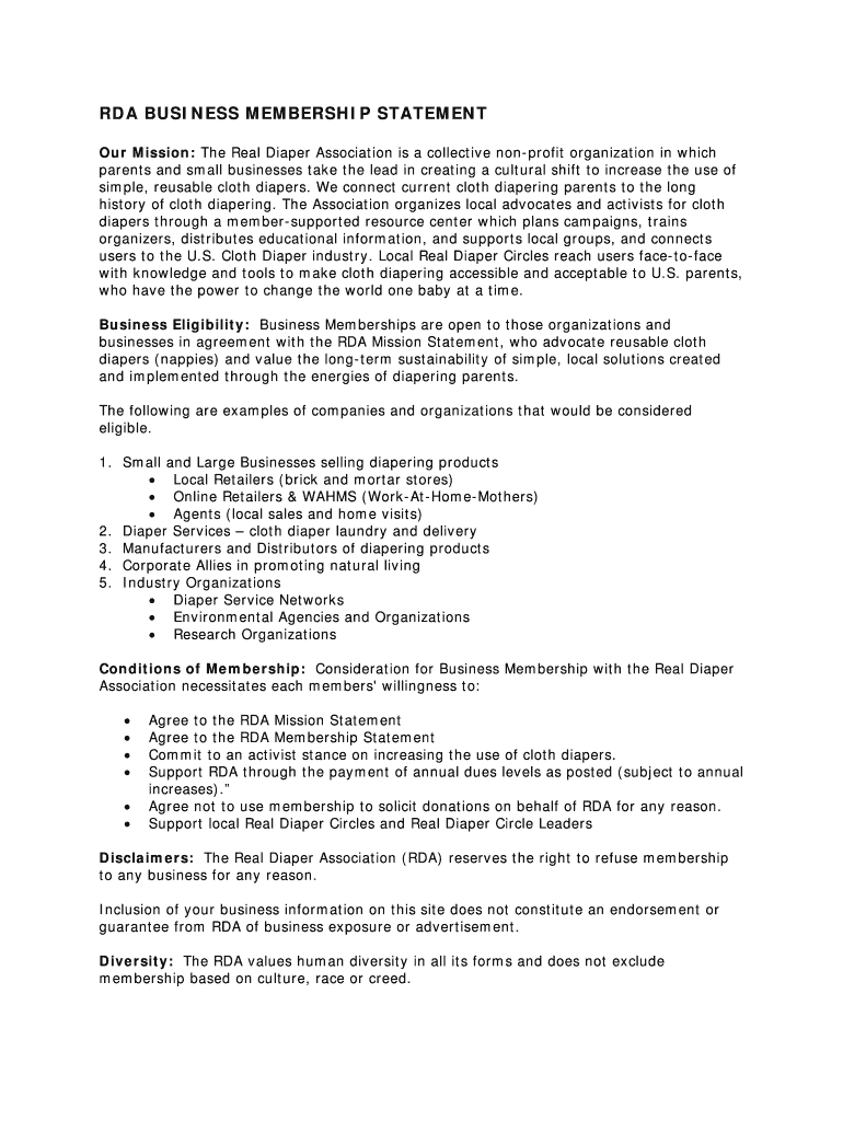 Fillable Online realdiaperassociation RDA MEMBERSHIP STATEMENT Real