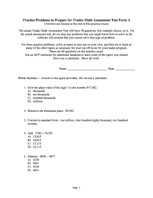 Sample printable TradesVocational Math Test