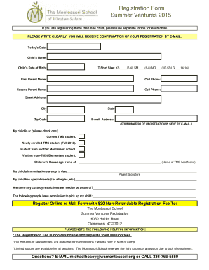 Registration Form Summer Ventures 2015 If you are registering more than one child, please use separate forms for each child - wsmontessori
