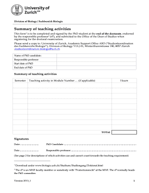 University of Zurich PhD Teaching Summary Form