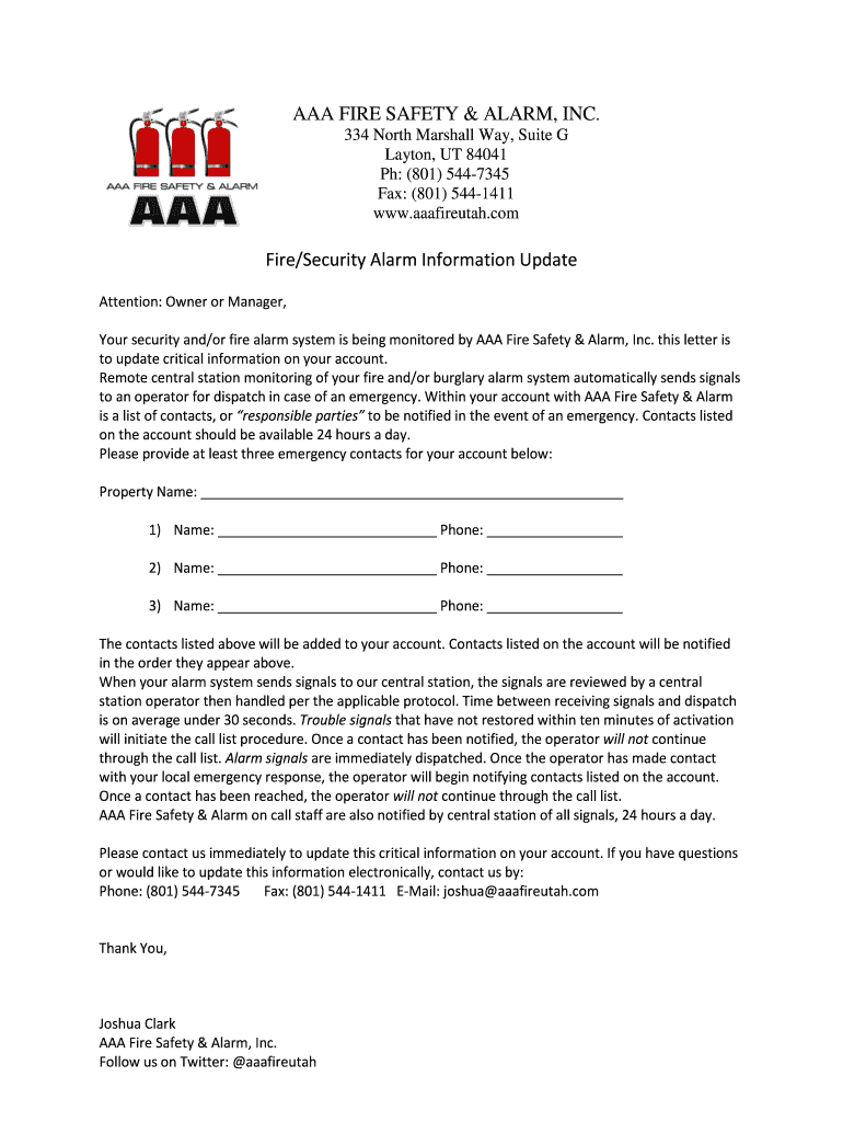 Fillable Online FireSecurity Alarm Information Update Fax Email Print