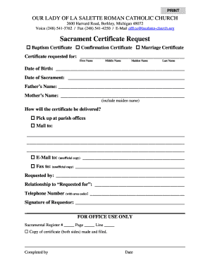 Requests for Baptismal or Confirmation Certificate - lasalette-church