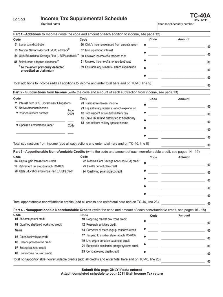 Fillable Online tax utah 2011 TC40A, Tax Supplemental Schedule
