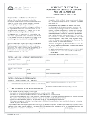BC Certificate of Exemption for Vehicle or Aircraft Purchase